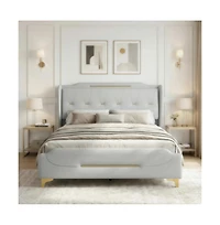 Lucky One Queen Size Pu Leather Platform Bed with Wingback Headboard - No Box Spring Needed