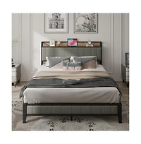 Lucky One King Size Platform Bed Frame with Usb Outlets and Shelf, Heavy Duty Metal Slats, No Box Spring Needed, Under-Bed Storage