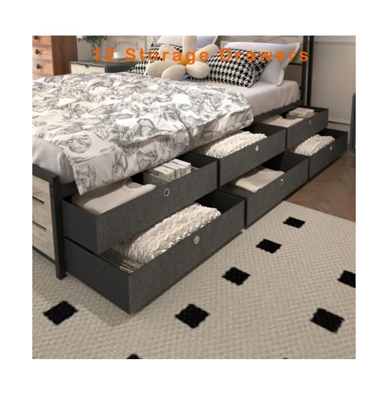 Lucky One Full Size Bed Frame with Storage Headboard, 12 Drawers, Led Lights, Charging Station, Anti-Slip Metal Slats, No Box Spring Needed