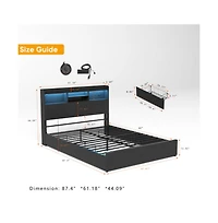 Lucky One Queen Size Bed Frame with 4 Storage Drawers, Storage Headboard, Led Lights, Usb Charging Station, No Box Spring Needed