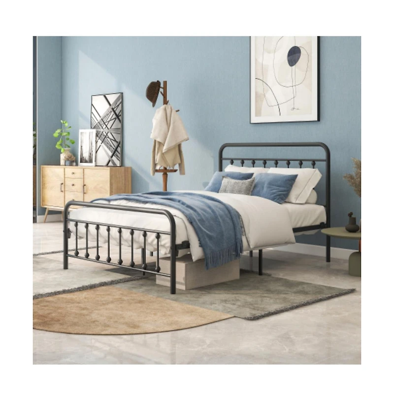 Lucky One Full Size Metal Platform Bed Frame with Victorian Headboard and Footboard, Steel Slats, No Box Spring Needed, Under-Bed Storage