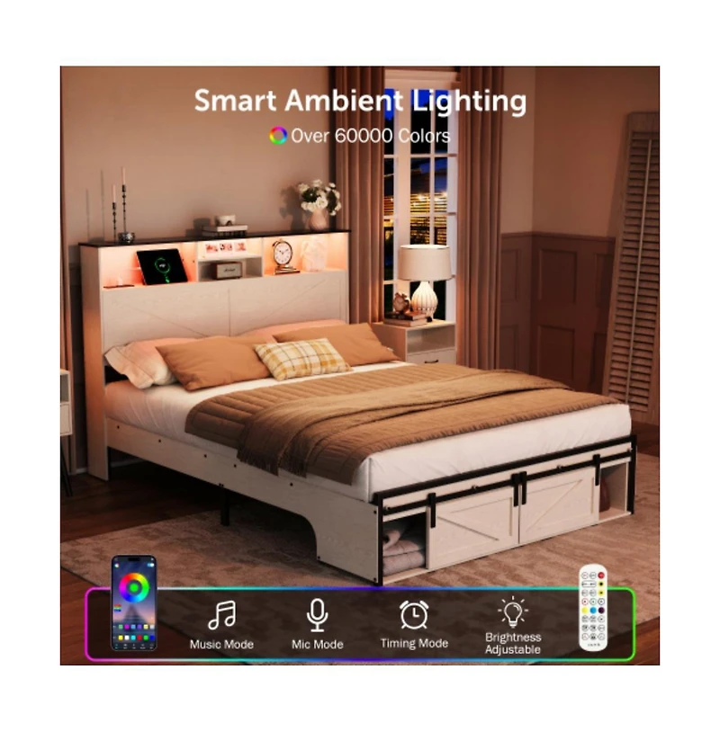 Lucky One Queen Size Farmhouse Bed Frame with Storage Headboard, Usb Charging Station, Led Lights, Wooden Slats, No Box Spring Needed