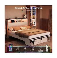 Lucky One Queen Size Farmhouse Bed Frame with Storage Headboard, Usb Charging Station, Led Lights, Wooden Slats, No Box Spring Needed