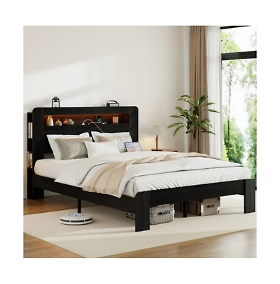 Lucky One Full Size Wood Platform Bed Frame with Storage Led Headboard, Usb Ports, Wood Slats, No Box Spring Needed