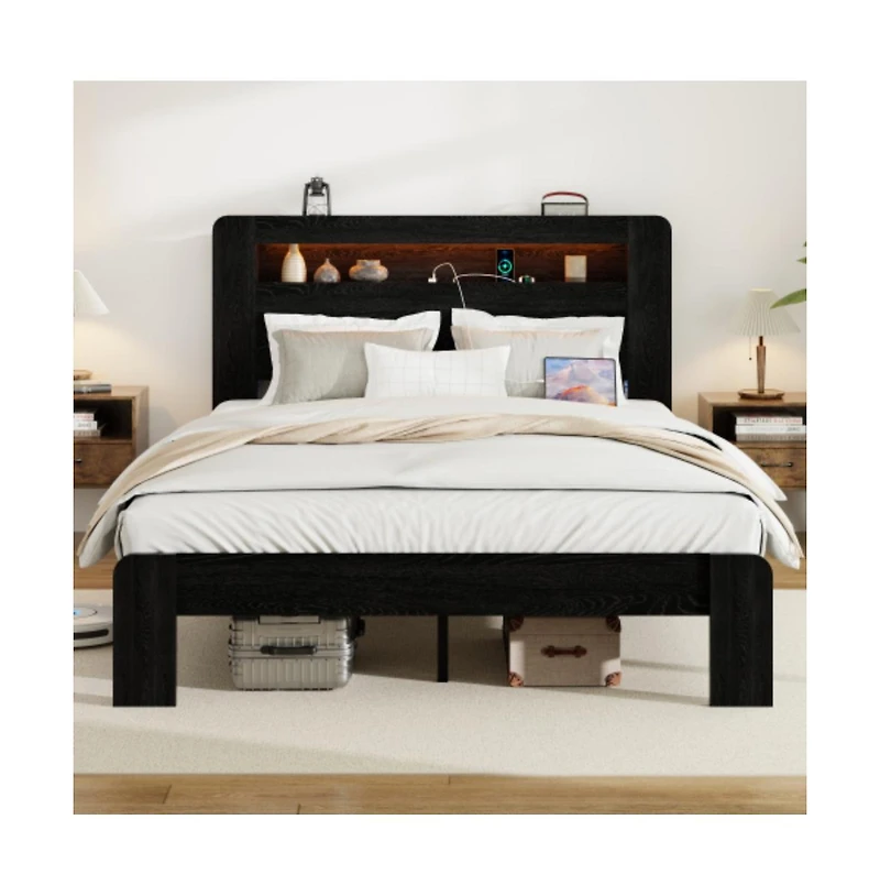 Lucky One Full Size Wood Platform Bed Frame with Storage Led Headboard, Usb Charging, Wood Slats