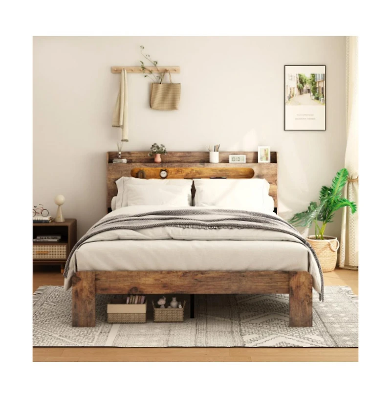 Lucky One Queen Size Wood Platform Bed Frame with Storage Led Headboard, Usb Charging, Wood Slats, No Box Spring Needed