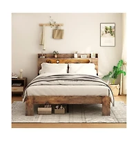 Lucky One Queen Size Wood Platform Bed Frame with Storage Led Headboard, Usb Charging, Wood Slats, No Box Spring Needed