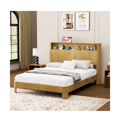 Lucky One Queen Size Bed Frame with Storage Headboard, Usb Charging Station, Wavy Curved Design, Metal Support, No Box Spring Needed