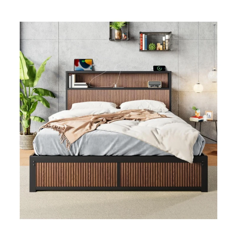 Lucky One Queen Size Wooden Platform Bed Frame with Multiple Drawers Storage, Usb Socket, Raised Pattern Headboard, No Box Spring Needed