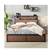 Lucky One Queen Size Wooden Platform Bed Frame with Multiple Drawers Storage, Usb Socket, Raised Pattern Headboard, No Box Spring Needed