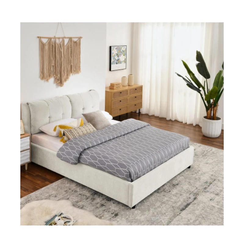 Lucky One Queen Size Storage Upholstered Hydraulic Platform Bed with Integrated Headboard, Chenille Fabric