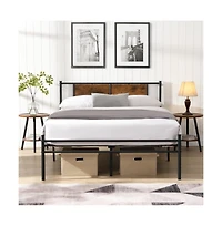 Lucky One Full Size Metal Bed Frame with Wood Panel Headboard, Steel Structure, No Box Spring Needed, Under-Bed Storage