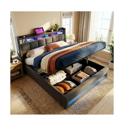 Lucky One Queen Size Upholstered Platform Bed with Hydraulic Storage, Led Lights, Usb Charging Station, No Box Spring Needed