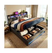 Lucky One Queen Size Upholstered Platform Bed with Hydraulic Storage, Led Lights, Usb Charging Station, No Box Spring Needed