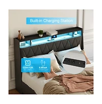 Lucky One Queen Size Platform Bed Frame with Ergonomic Headboard, Outlets, Usb Charger, Led Light, Storage Shelf, Noise-Free