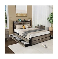Lucky One Queen Size Bed Frame with Storage Headboard, 12 Drawers, Usb Charging Station, All-Metal Support, No Box Spring Needed
