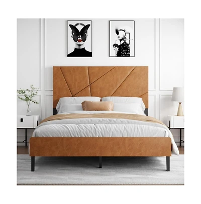 Lucky One Full Size Metal Platform Bed Frame with Upholstered Headboard, Square Design, Under-Bed Storage, No Box Spring Needed