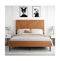 Lucky One Full Size Metal Platform Bed Frame with Upholstered Headboard, Square Design, Under-Bed Storage, No Box Spring Needed