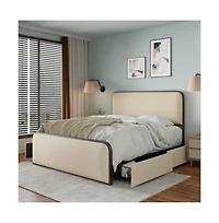 Lucky One Queen Size Modern Metal Bed Frame with Curved Upholstered Headboard and Footboard, 4 Storage Drawers, Heavy Duty Metal Slats