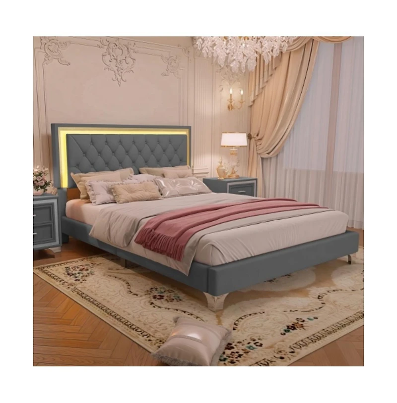 Lucky One Queen Size Upholstered Bed Frame with Led Lights, Velvet Platform Bed with Tufted Headboard, Wood Slats, No Box Spring Needed