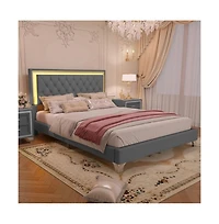 Lucky One Queen Size Upholstered Bed Frame with Led Lights, Velvet Platform Bed with Tufted Headboard, Wood Slats, No Box Spring Needed