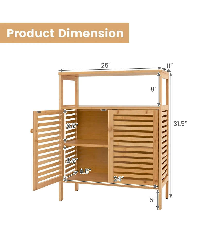 Gymax Bathroom Floor Cabinet Freestanding Bamboo Storage Organizer w/ Double Shutter Doors