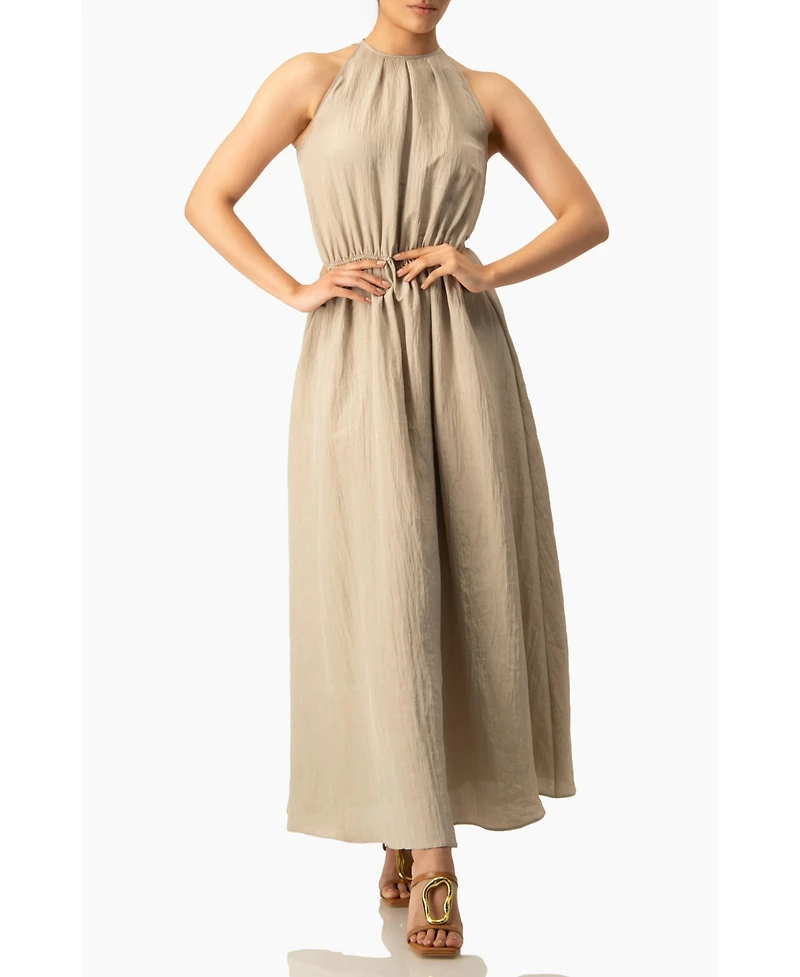 Ivonne Sleeveless Crinkle Halter Maxi Dress with Cinched Waist A-Line