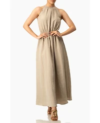 Ivonne Sleeveless Crinkle Halter Maxi Dress with Cinched Waist A-Line