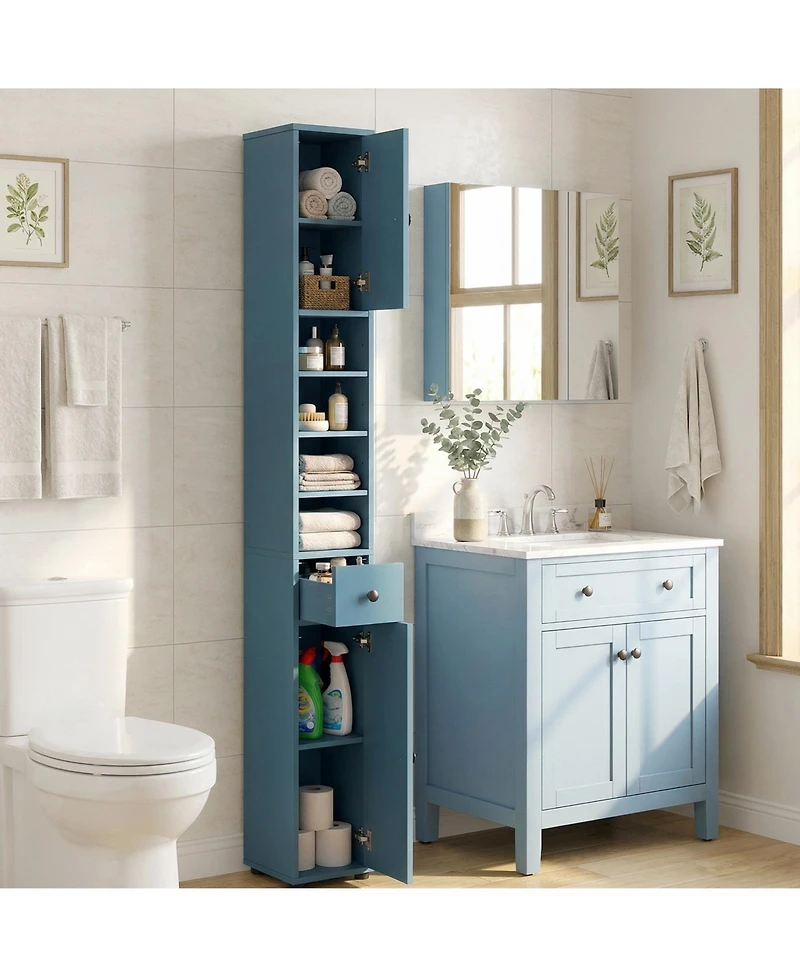 Gymax Set of 2 Slim Bathroom Tall Cabinet with 2 Doors 1 Drawer and 5 Adjustable Shelves