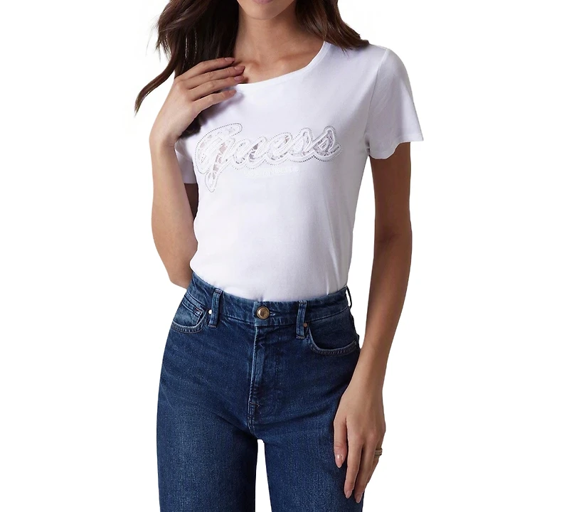 Guess Women's Script Lace Logo Easy Cotton T-Shirt