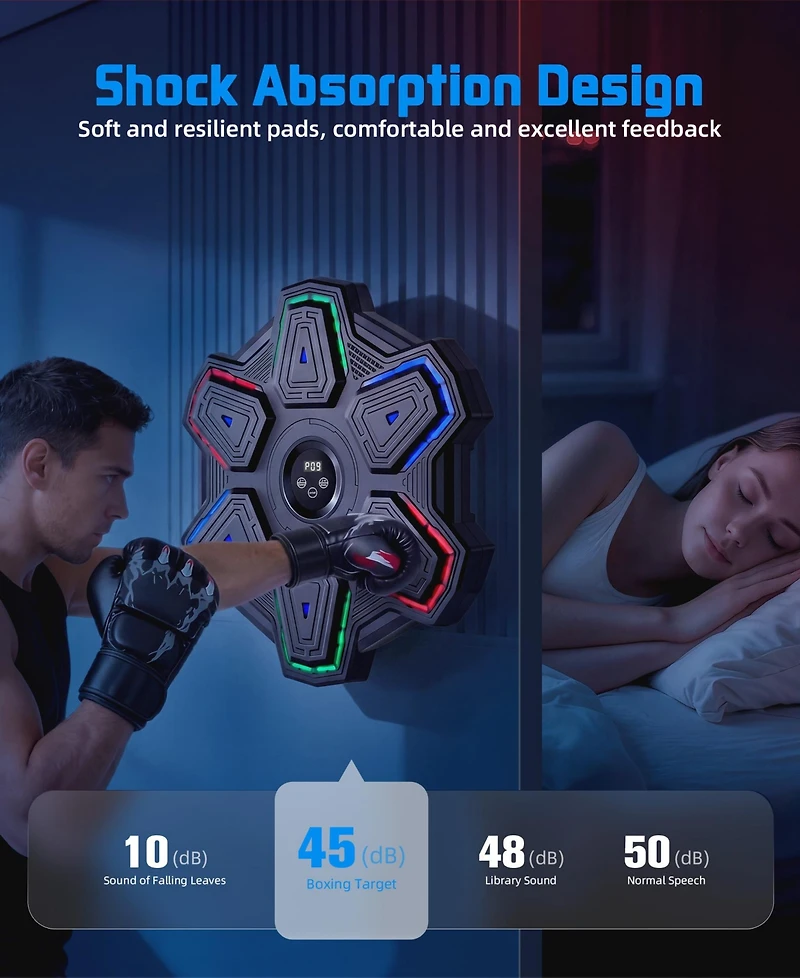 Sugift Music Boxing Machine, Bluetooth and Led, Wall-Mounted Punching Pad with Gloves, 9 Modes and Speeds for Adults and Kids