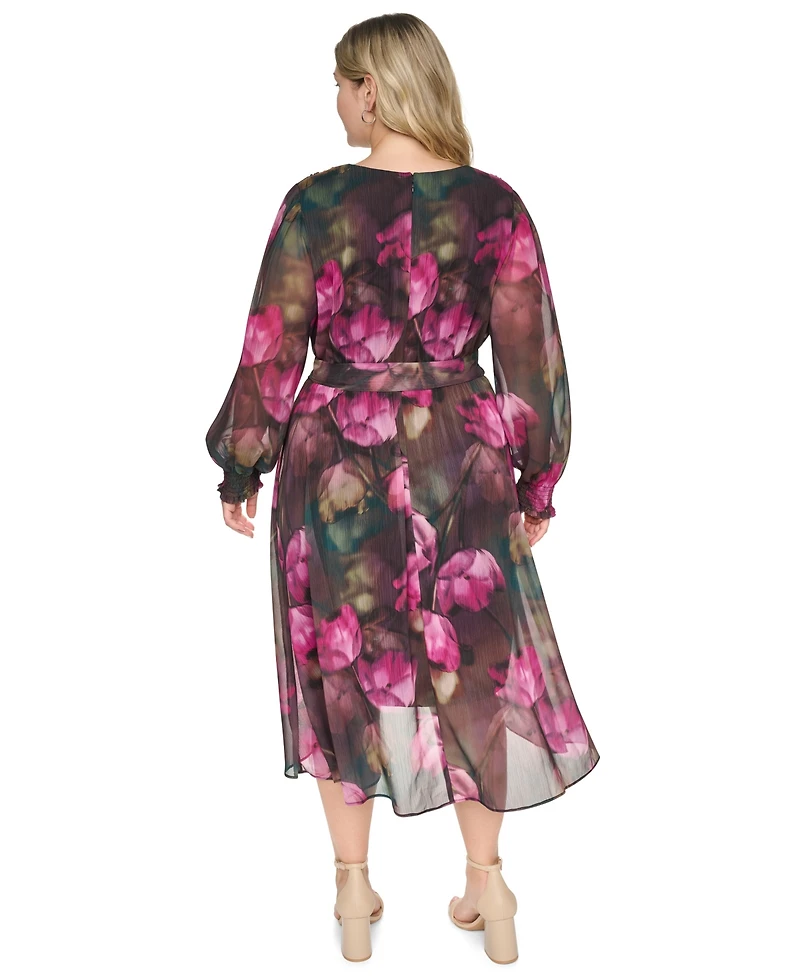 Dkny Plus Faux Wrap Chiffon Surplice Neck Belted Dress