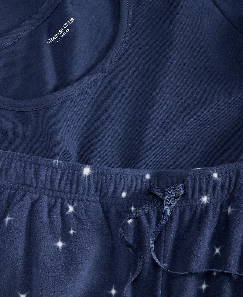 Charter Club Women's Long-Sleeve Cotton-Blend Top and Fleece Pajama Pants Set, Macy's Exclusive