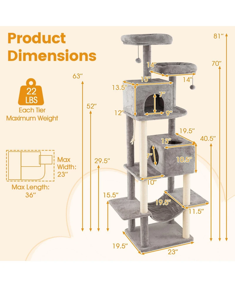 Gymax 81'' Large Cat Tree for Indoor Cats Multi-level Kitty Climbing Tower With 2 Condos