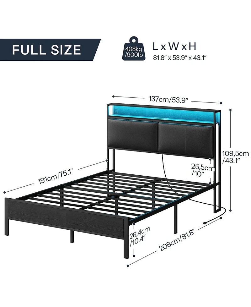 Slickblue Full Size Metal Bed Frame with Led Headboard, Charging Station and Noise-Free Design