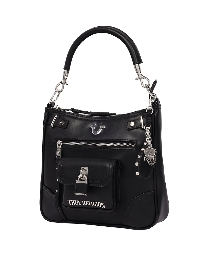True Religion Moto Zip Top Hobo Bag with Lock Pocket Charm - Convertible Shoulder bag