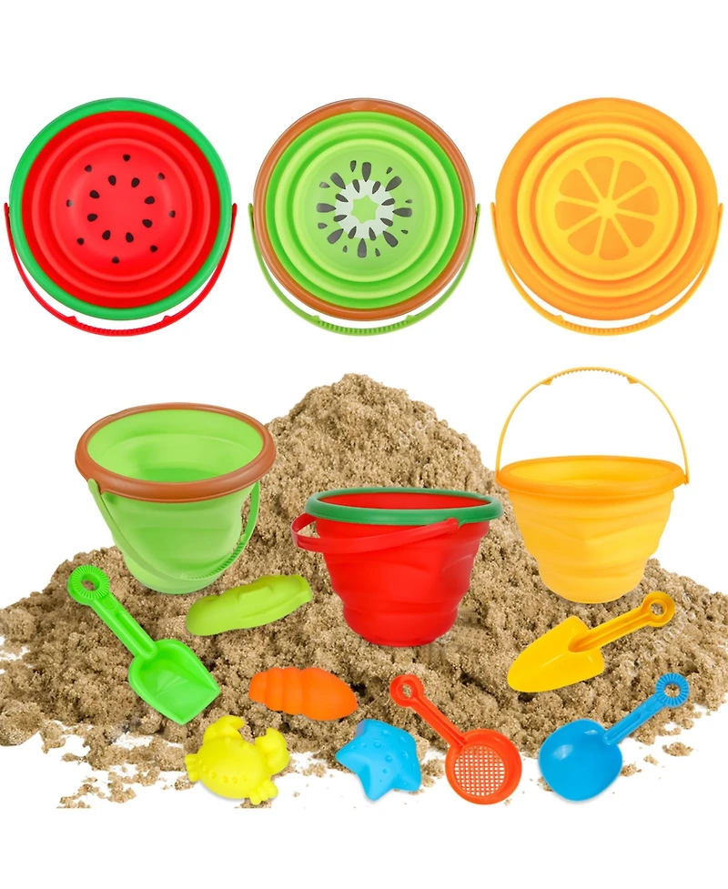 homfan Multipurpose Silicone Collapsible Beach Toys Set, 3 Piece Bucket with Shovels and Sand Molds for Kids Travel and Camping