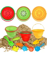 homfan Multipurpose Silicone Collapsible Beach Toys Set, 3 Piece Bucket with Shovels and Sand Molds for Kids Travel and Camping