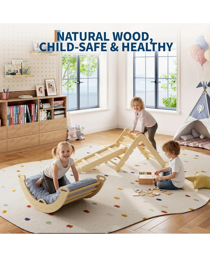 homfan 7-in-1 Educational Wooden Climbing Frame Triangle Climbing Set for Toddlers – Collapsible Triangle, Arch, Ramp and Ladder