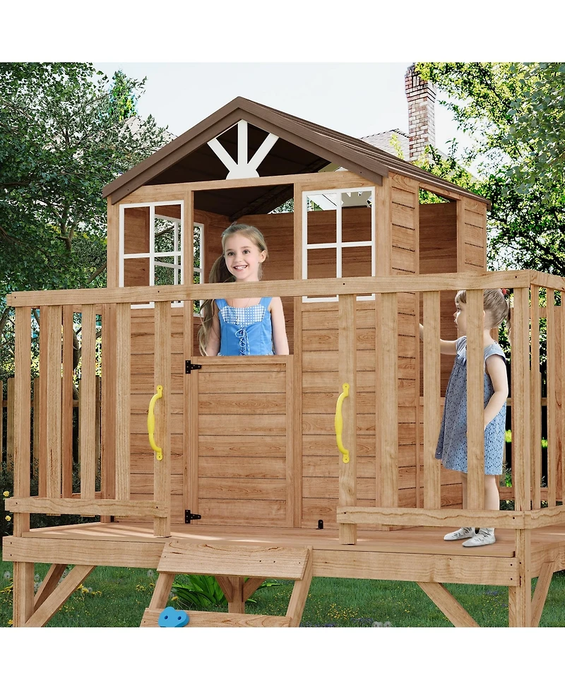 homfan 2 Story Wooden Playhouse, Brown Cedar Outdoor Playhouse with Climbing Wall and Step Ladder for Kids Ages 3 to 12