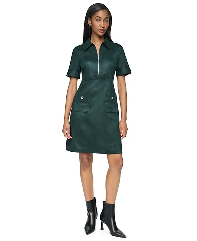 Dkny Women's Short Sleeve Collared Front-Zip A-Line Dress