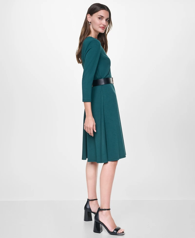 Dkny Women's Long Sleeve V-Neck Belted Fit and Flare Midi Dress