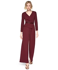 Dkny Women's Long Sleeve V-Neck Belted Wide-Leg Jumpsuit