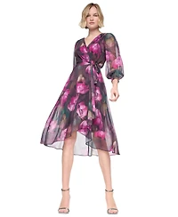 Dkny Women's Long Sleeve Smocked-Cuff Faux Wrap Midi Dress