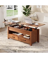 homfan Lift-Top Coffee Table with 2 Drawers, Hidden Compartment and Open Shelf, Convertible Living Room Center Table, Engineered Wood