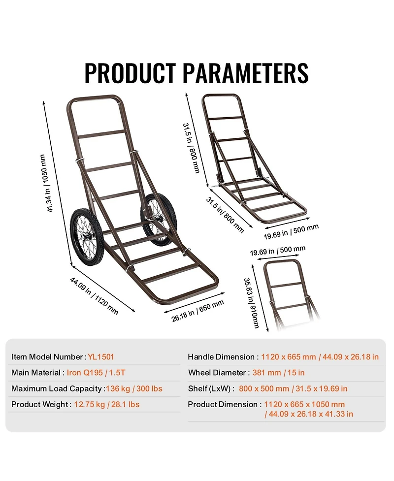Sevorley Folding Deer Cart, 300 lb Game Hauler with 15-Inch Solid Rubber Wheels