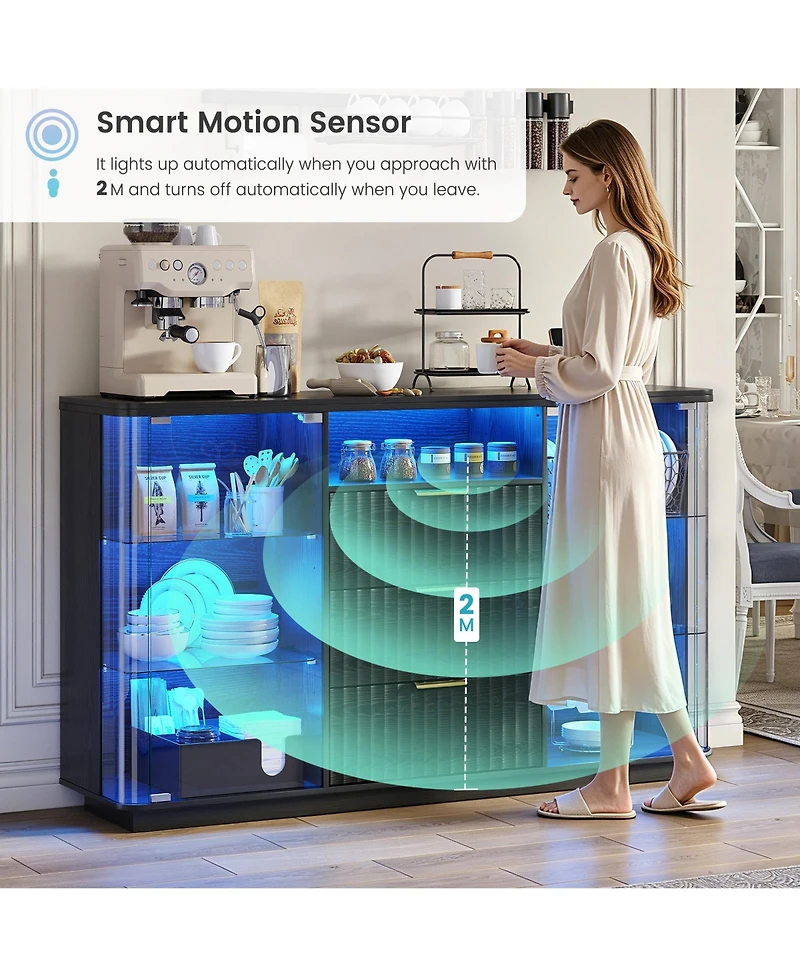 Vlsrka Modern Buffet Cabinet with Wine Storage, Led Lights and Glass Doors