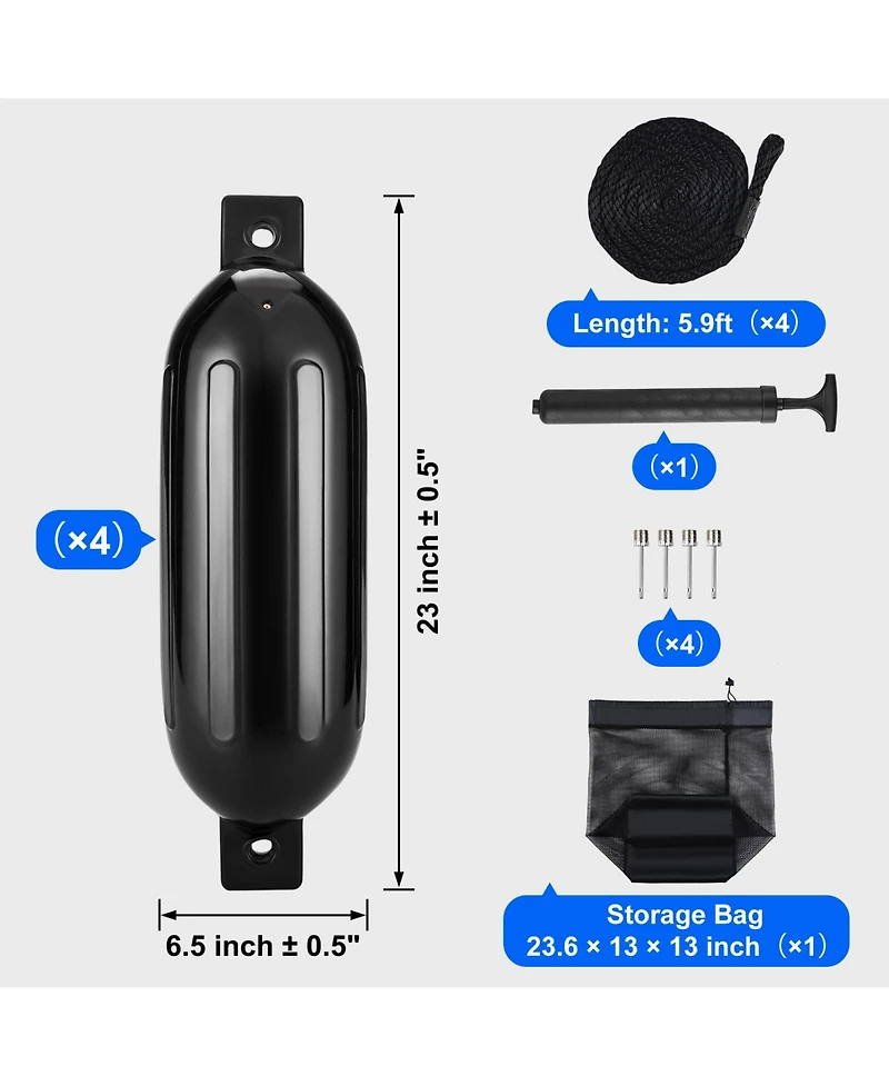 Sevorley Boat Fenders 4-Pack, 6.5 x 23 in Inflatable Ribbed Dock Bumpers with Pump and Ropes