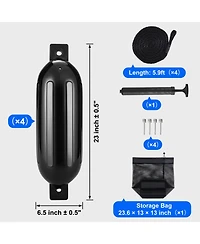 Sevorley Boat Fenders 4-Pack, 6.5 x 23 in Inflatable Ribbed Dock Bumpers with Pump and Ropes