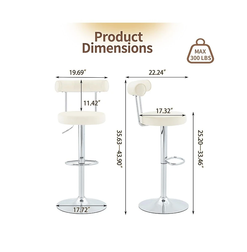 Maison Boucle Set of 2 Soft Velvet Upholstered Swivel Adjustable Bar Stools, 360-Degree Swivel Counter-Height Bar Chairs, Chrome Silver Base